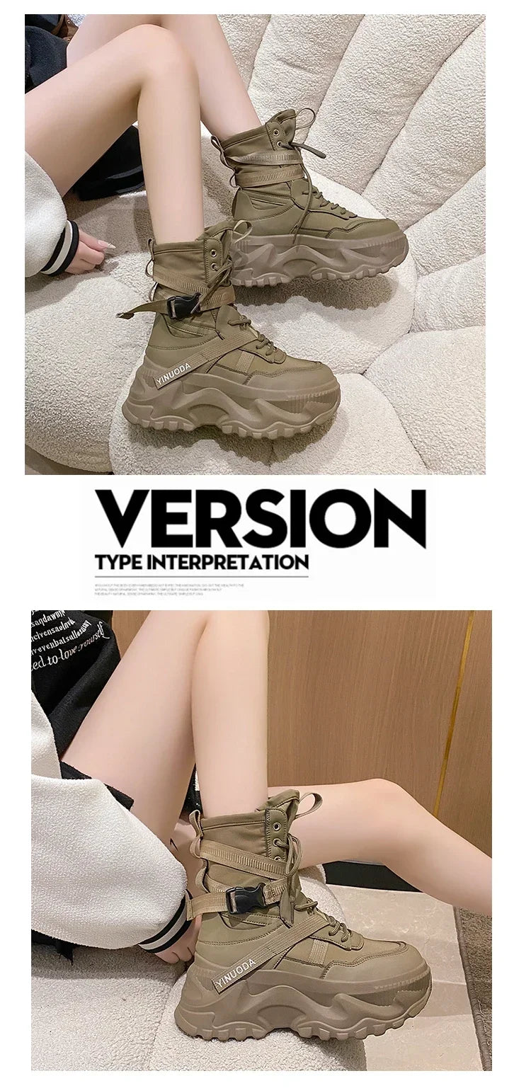 Hot Fashion Women Chunky Platform Motorcycle Boots White Lace Up Thick Bottom Shoes Woman Autumn Winter Ankle