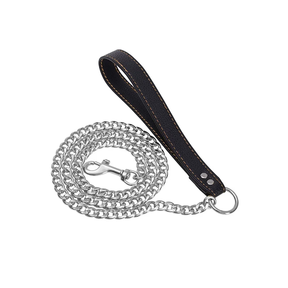 Stainless Steel Gold Chain Dog Leash Metal Chew Proof Heavy Duty Dog Leash Chain with Leather Padded Handle for Large Medium Dog
