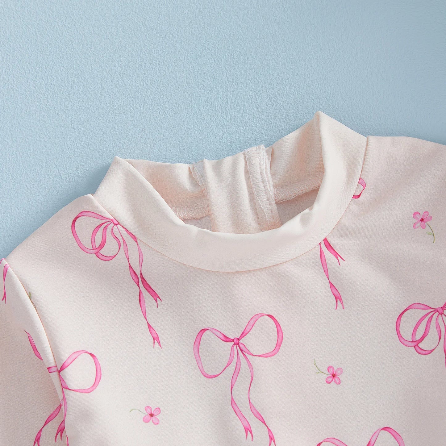 Toddler Baby Girl Rash Guard Swimsuit Bow Print Ruffled Long Sleeve Round Neck Beachwear Jumpsuit and Hat Swimwear 2Pcs Set