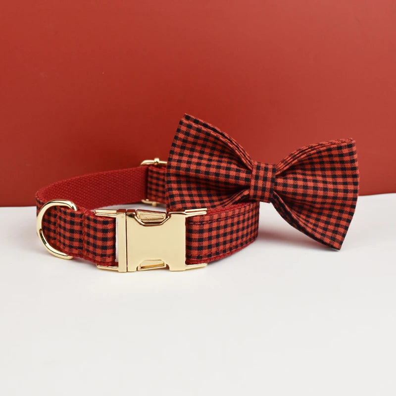 Plaid Dog Collar Designer With Bow Tie Custom Dog Accessories Luxury Pet collar leash set