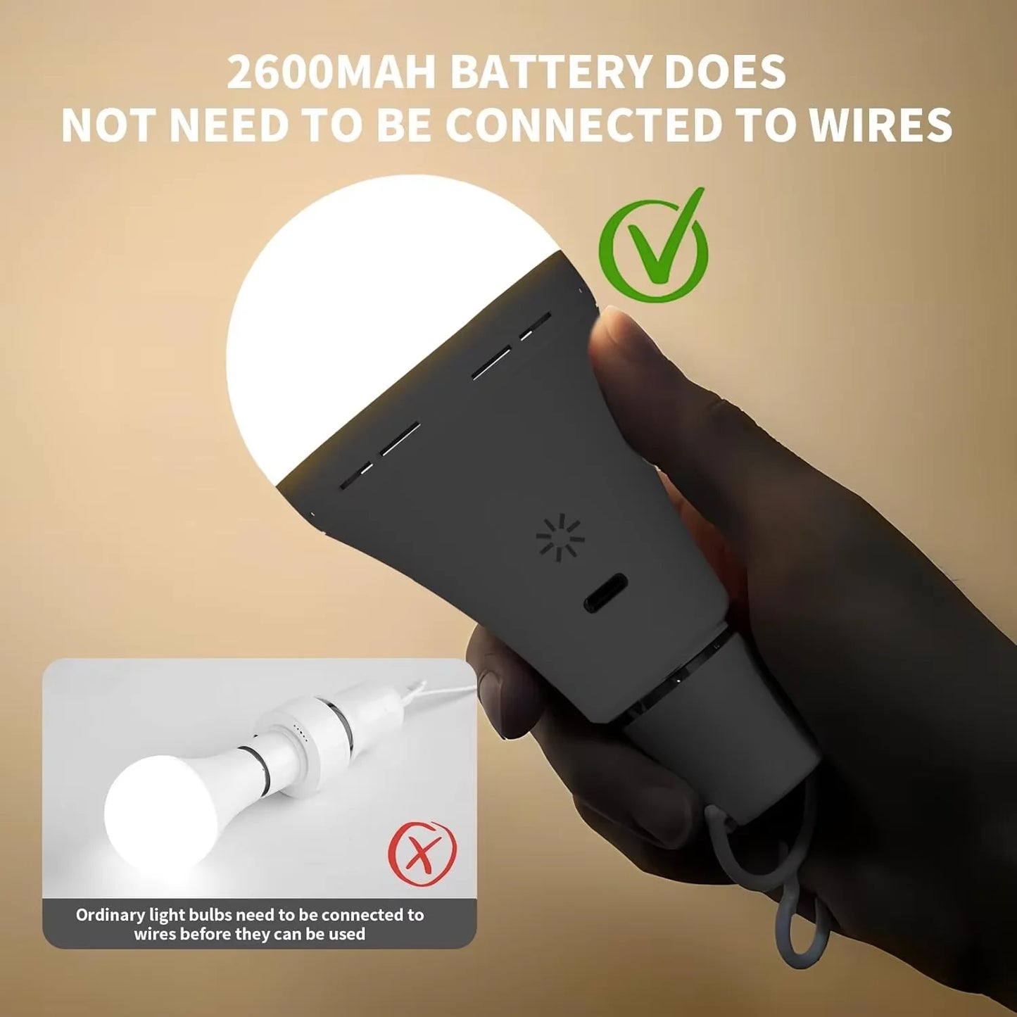 Rechargeable 2600mAh Light Bulb with Large Battery Backup – Perfect as Emergency Lights for Home Hurricane Preparedness&Outages