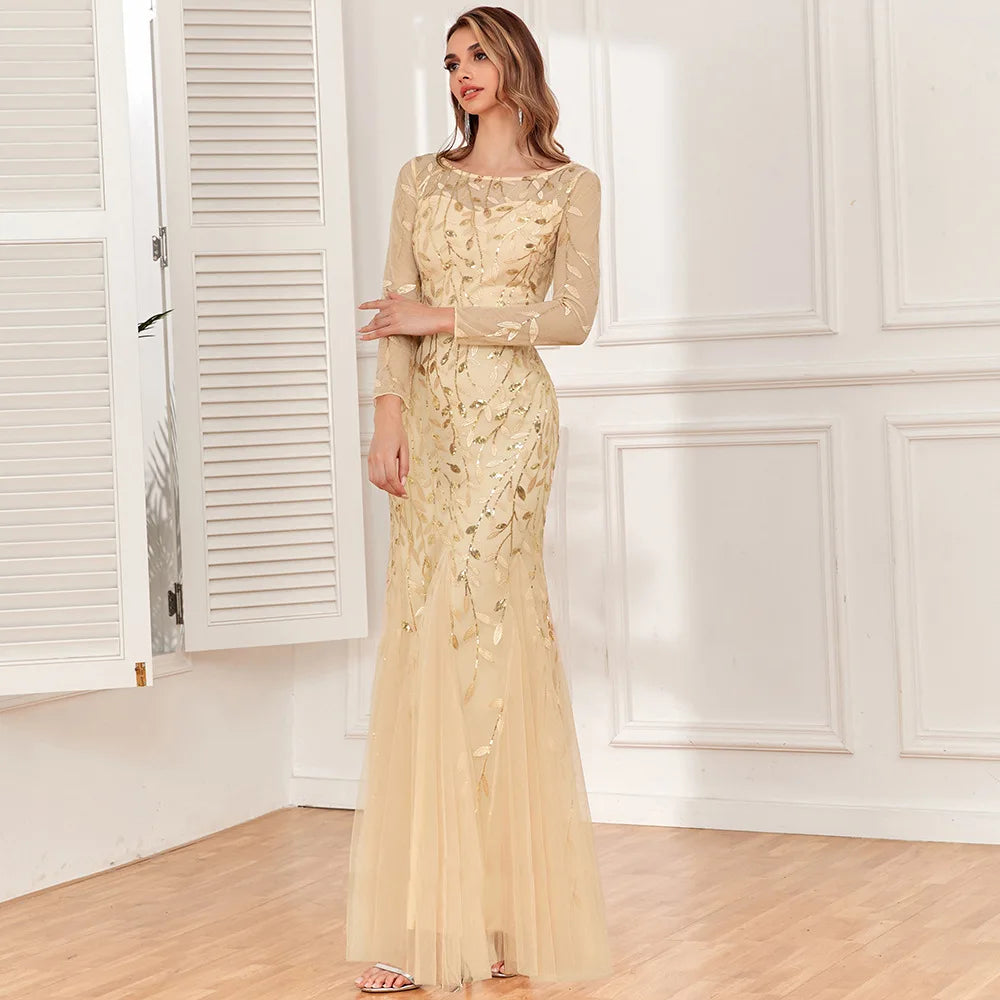 Elegant Round Neck Sequined Mermaid Long Formal Evening Dress With Long Sleeves