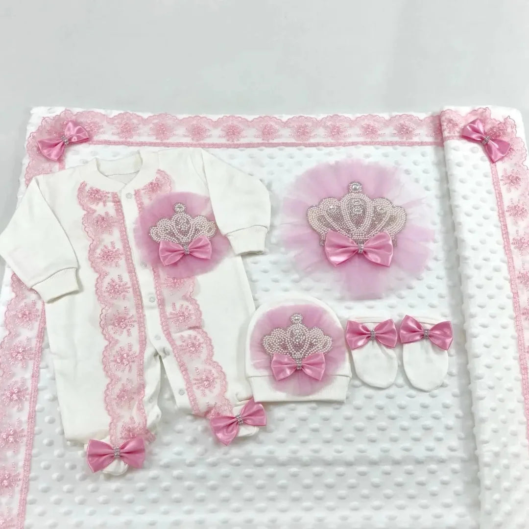5pcs Newborn Baby Embroidery Lace Romper Outfit Clothing Cotton Infant Wrapped Baby Products Pants Mittens Receiving Blanket