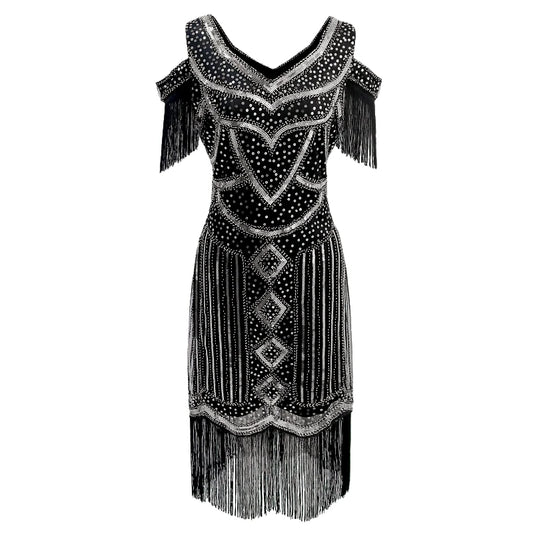 Women Fringe 1920s Flapper Dress 20s Gatsby Themed Party Dress Vintage V-neck Off Shoulder Sequin Beaded Cocktail Dress