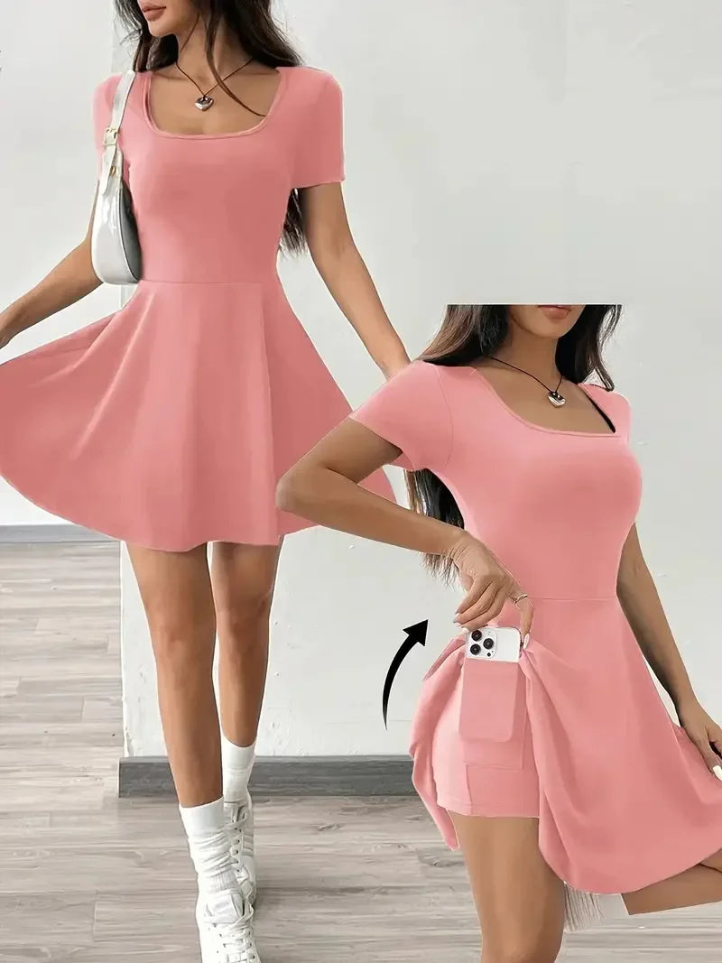 Summer 2025 Brown Knitted Short Casual Dress Mini Skirt Length Polyester Fiber Square Collar Empire Waistline Regular Sleeve