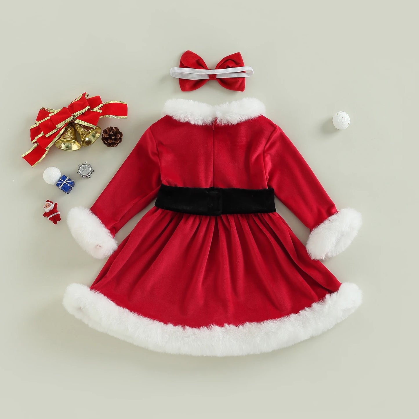 ma&baby 1-6Y 2024 Christmas Toddler Kids Girls Red Dress Plush Ruffle Velvet A-line Party Dresses +Bow Headband Xmas Costumes