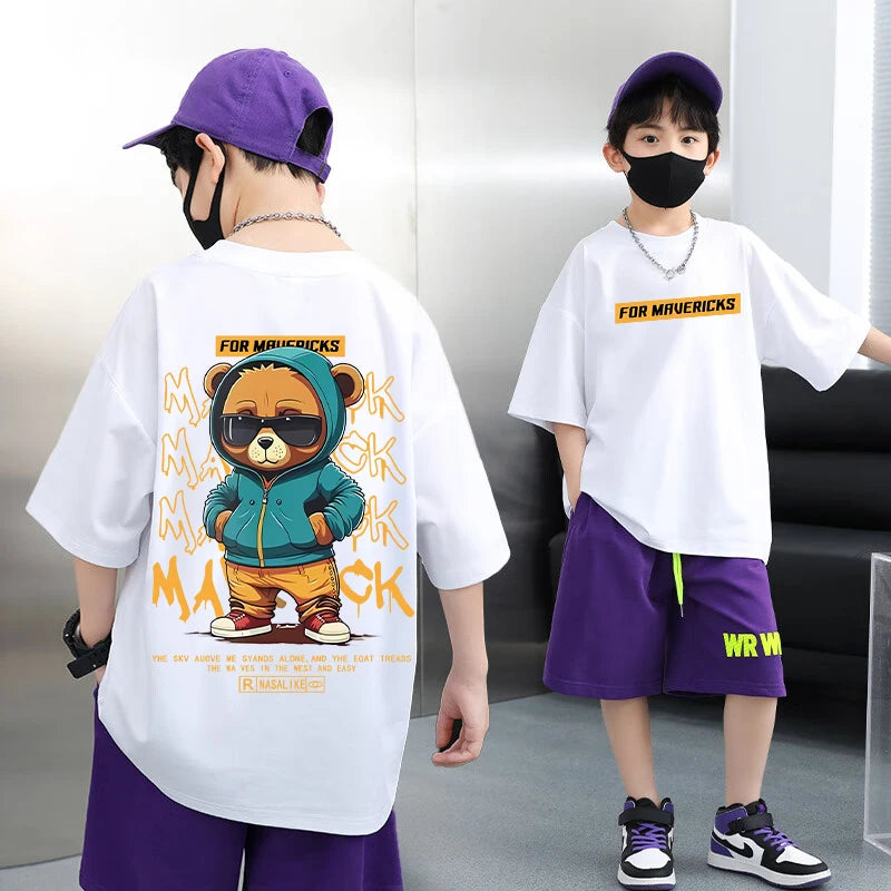 Summer 100% Cotton Boys Blue T-shirt Cool Graffiti Printed Girls Tees Short Sleeve Children Tops High Quality Kids Clothes 2024