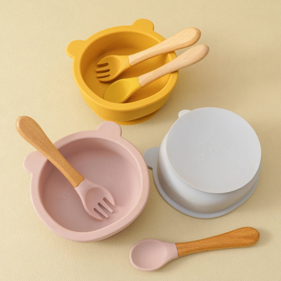 Mamaplan Baby Silicone Tableware Wooden Handle Spoon Fork Feeding Sucker Bowl Training Learning Baby Stuff  Baby Dinner Set