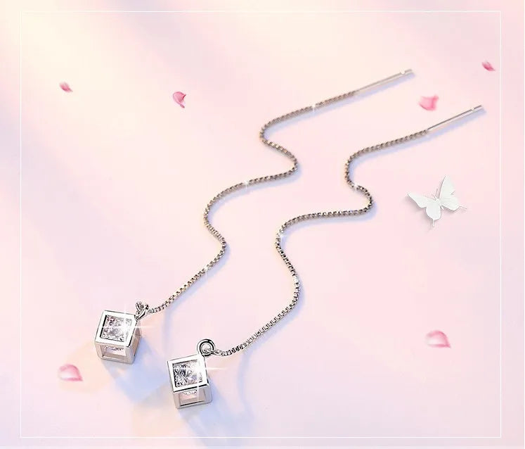 925 Sterling Silver Long Tassel Crystal Square Cube Zirconia Drop Earrings For Women Girs Sterling-silver-jewelry Pendiente