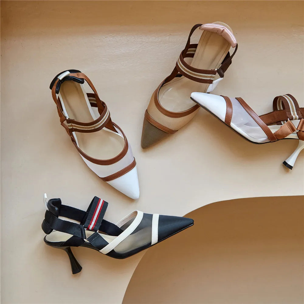 Aucegi Pointy Toe Thin High Heel Slingback Sandals Women Brand Design Elegant Genuine Leather Splicing Mesh Party Dress Shoes