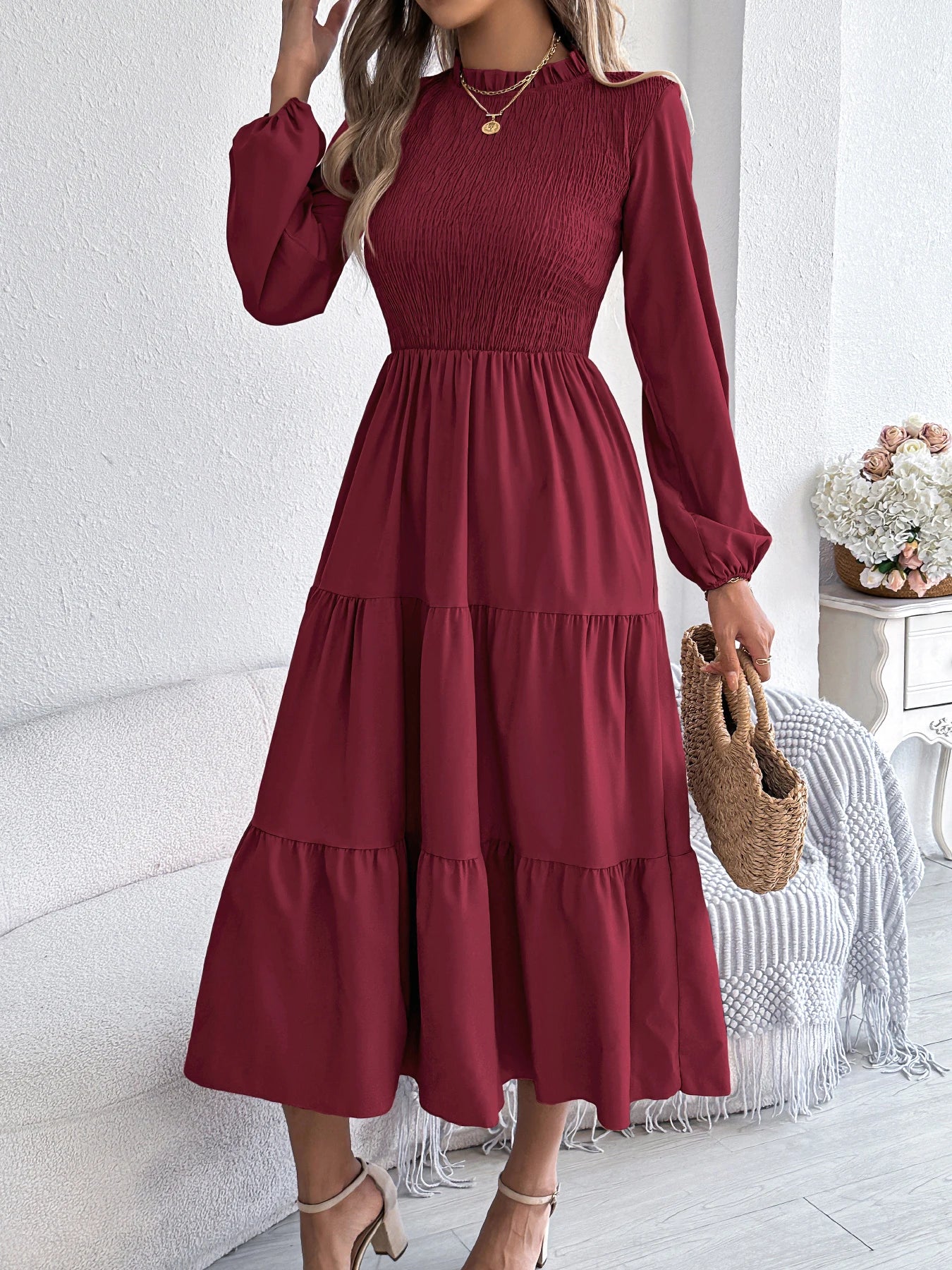 Women's Spring Vacation Solid Color Round Neck Long Sleeve Midi Dress with Ruffled Waist