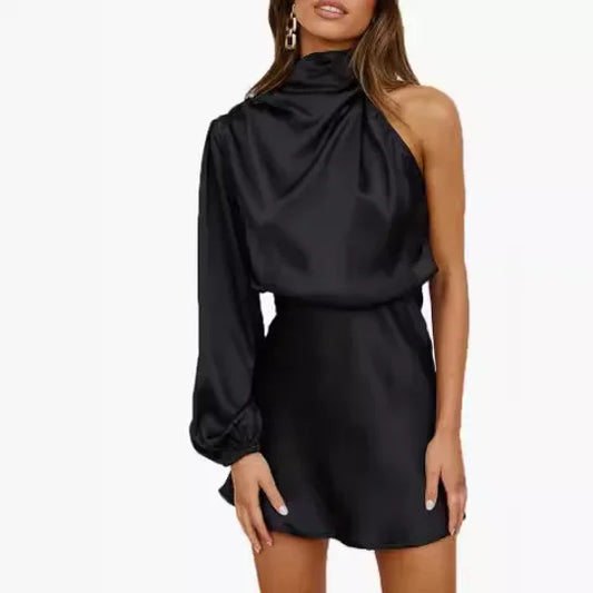 Silk Satin Long Sleeve Mini Skirt Spring 2024 Women's Single Shoulder Cocktail Dress round Neck Short Skirt Fashionable Ladies'