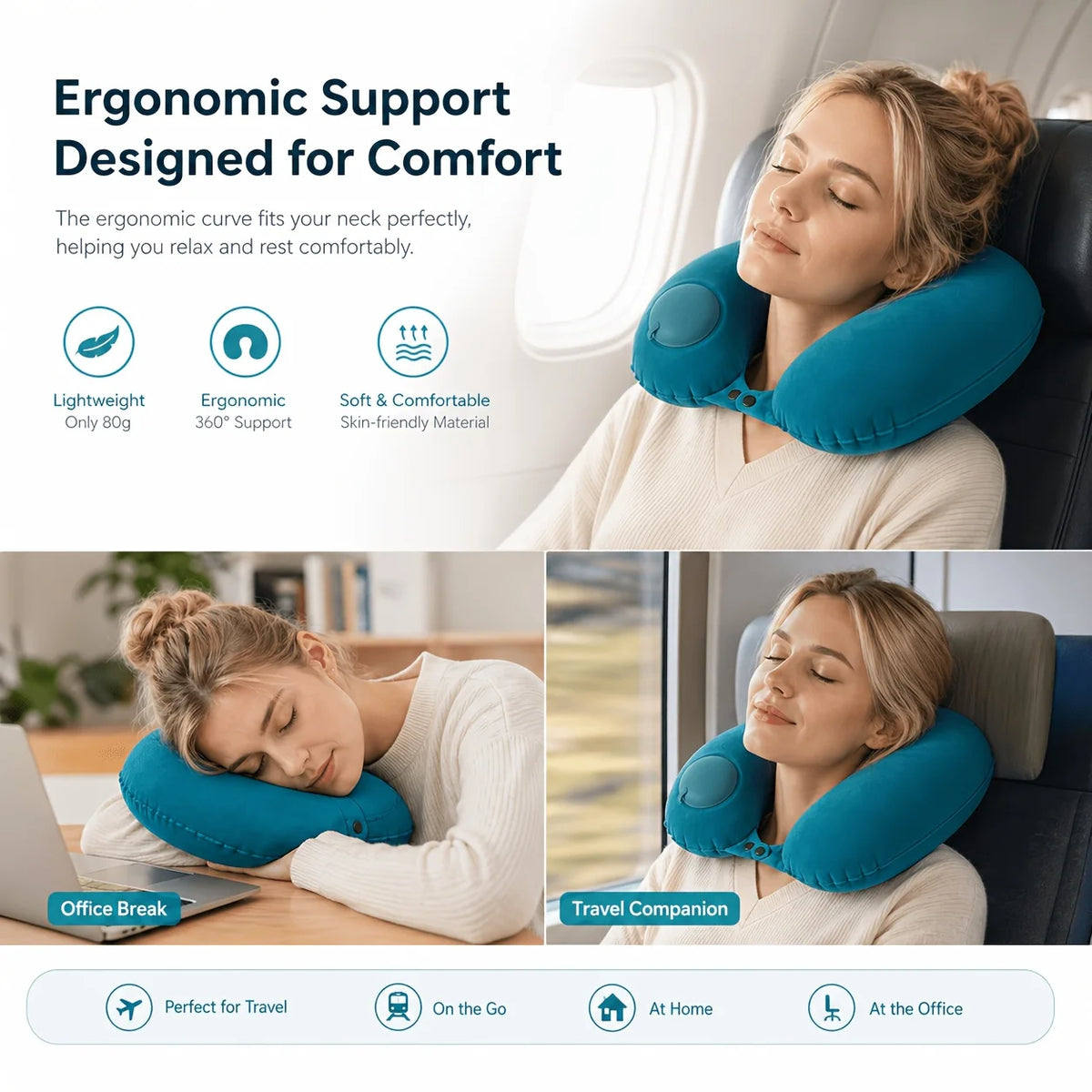 SPDJUMPER Inflatable Travel Neck Pillow, U-Shaped Portable Pillow with Storage Bag for Airplane, Car, Office & Home