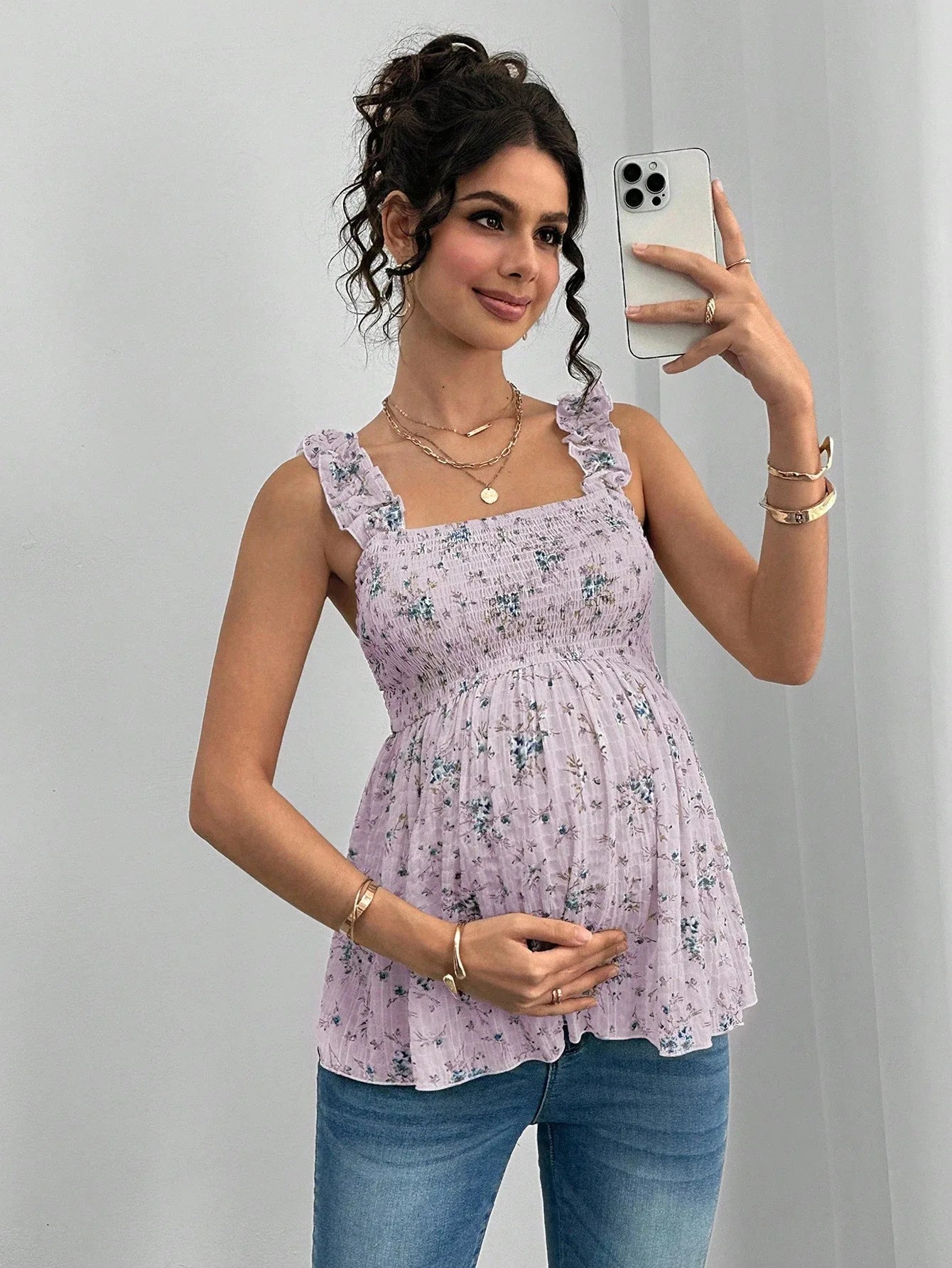 Maternity Clothing Spring and Summer New Printed Suspenders Maternity Top Square Collar A Word Maternity Vest Pregnancy Shirt