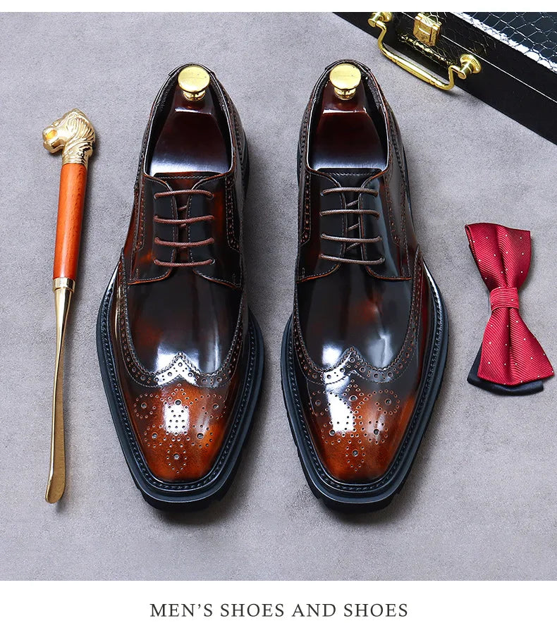 Size 38 To 46 Classic Italian Genuine Leather Men's Dress Shoes Black Lace-up Wingtip Oxfords Business Wedding Brogue Suit Shoes