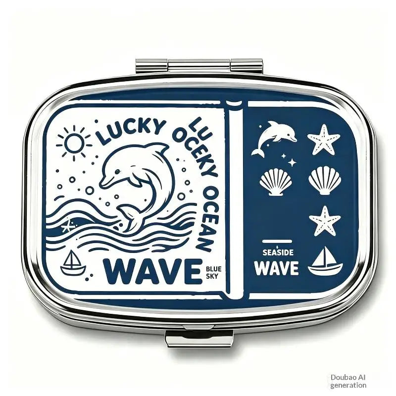 【WA】LUCKY TUNA Sardines Print Metal Pill Box, Portable 2-Compartment Travel Pill Organizer For Vitamins & Pills