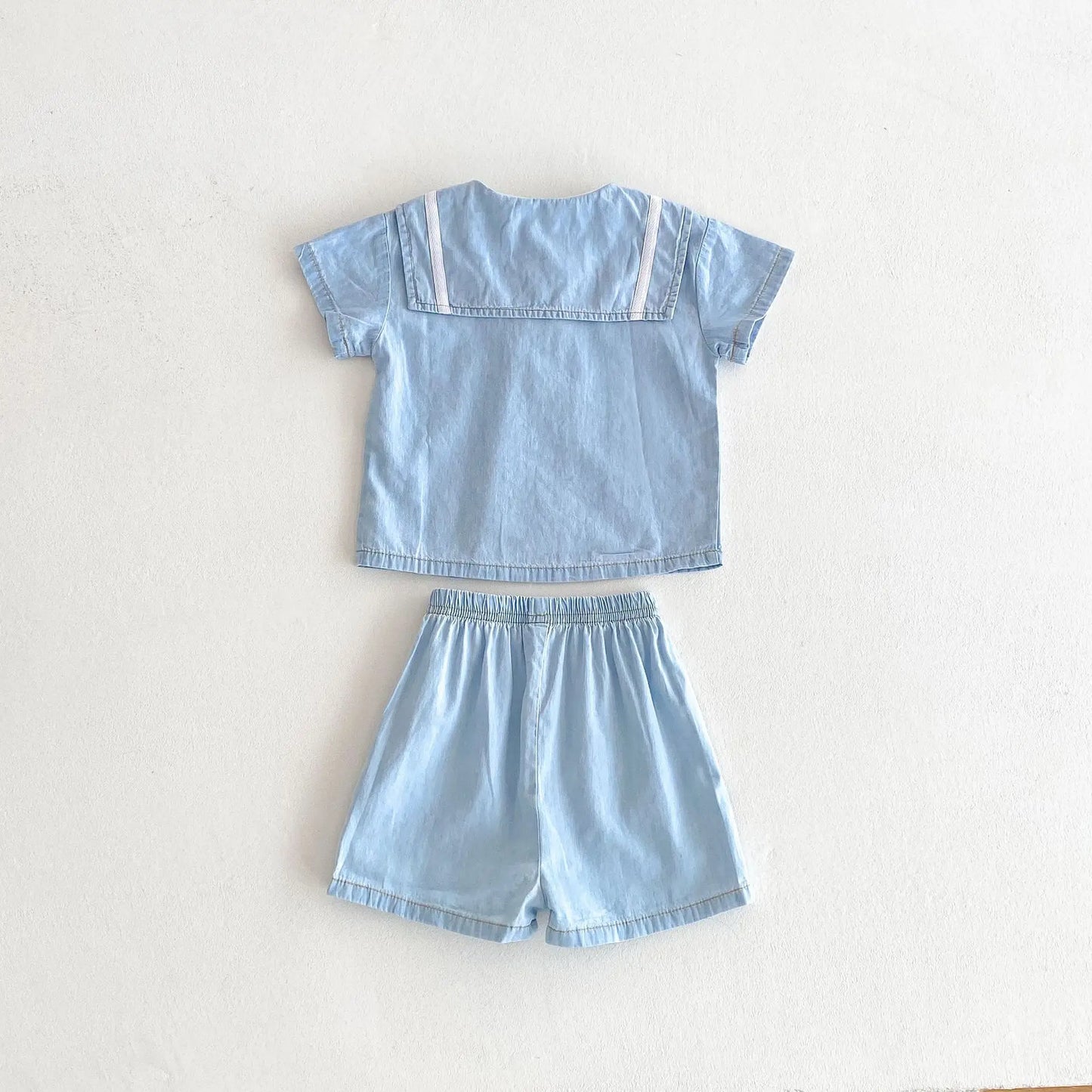 2025 Summer New  Korean Style Baby Short Sleeve Denim Set Sailor Collar Sleeve T-shirts Top Tees+Kid Shorts  two-piece set  0-4T