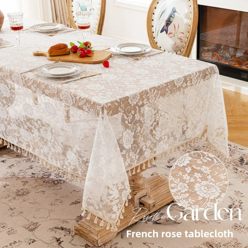 French Rose Lace Tablecloth, Rectangular Dining Tablecloth, Home Coffee Table Wedding Decoration Cover,