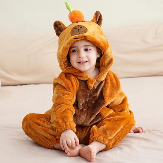Baby Boy Girl Children Capybara Cosplay Costume Flannel Pajamas Set Cartoon Animal Suit Kids Baby Onesie Hooded Sleepwear
