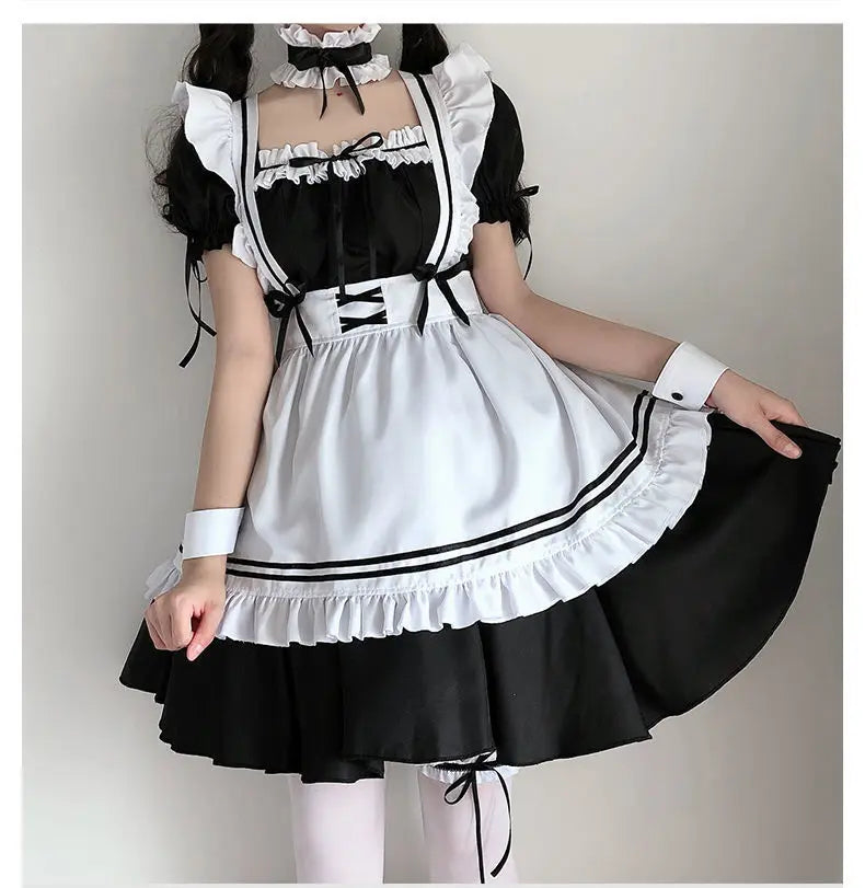 Halloween Maid Set Waiter's Cute Dress Men's Women's Costume Big Character Black and White Style Plus Size Short Sleeved Dress