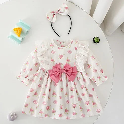 2025 New Spring Baby Sisters Dress 1-5Yrs Girl Party Dress Long Sleeved Cotton Rose Print Romper Sisters Kids Princess Dresses