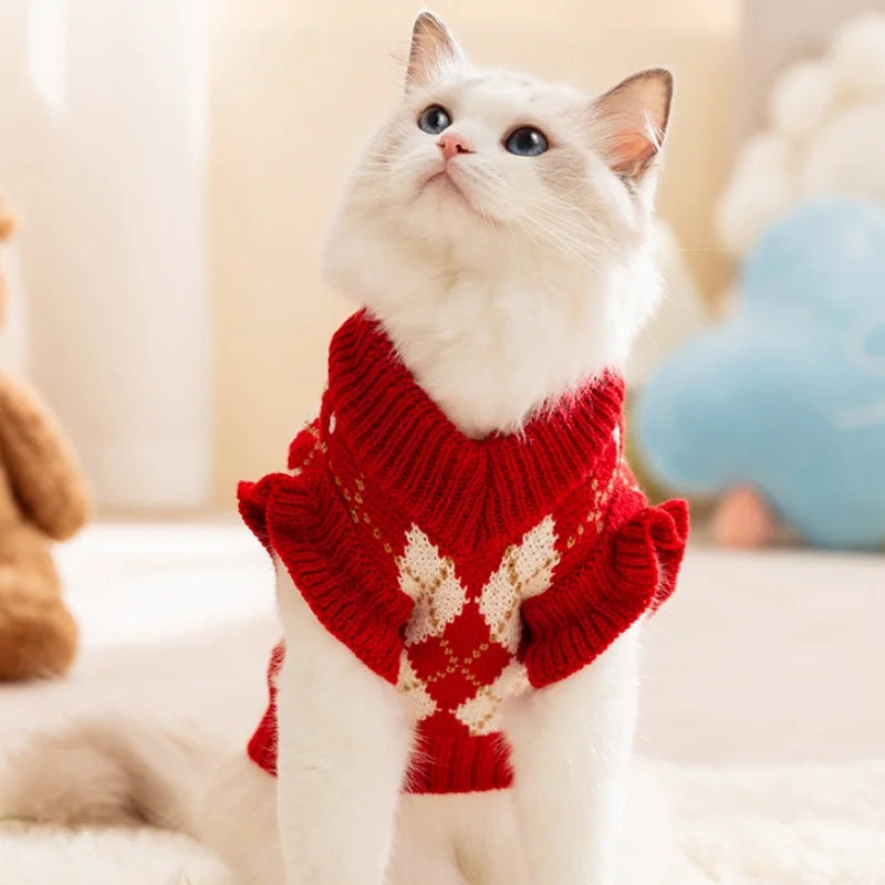 Winter Dog Knit Sweater Soft Dog Clothes Cute Plaid Puppy Sweater Cherry Print Cat Pullovers Pet Warm Turtleneck Poodle Apparel