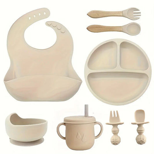 8-Pack Silicone Cutlery Tray Baby Feeding Set with Removable Silicone Suction Cup BPA Free Baby Fork Spoon Cup Gift