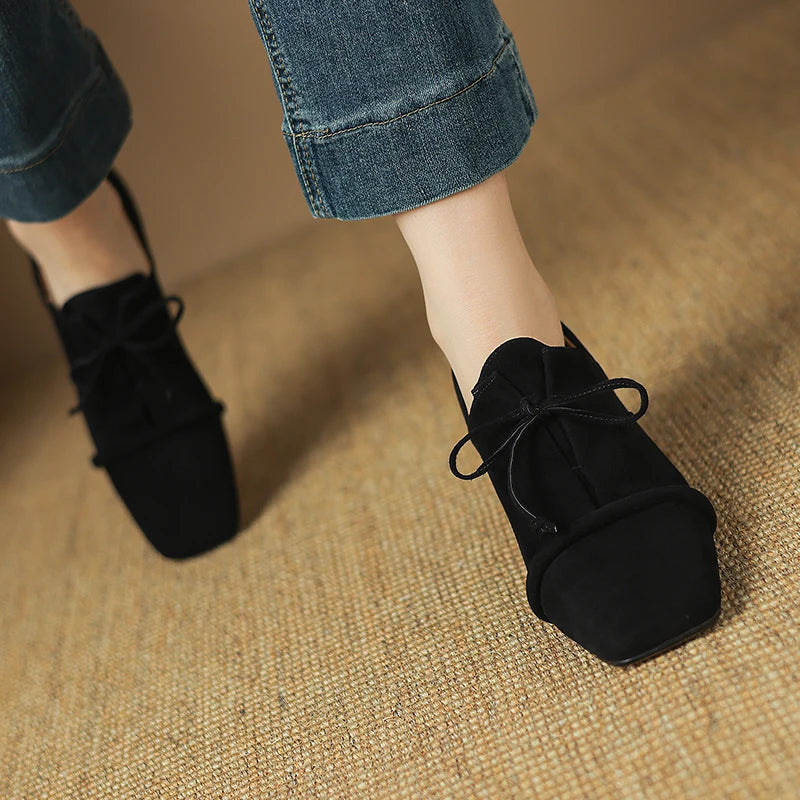 2025 New Women Pumps Sheep Suede Leather Shoes for Square Toe Low Heel Shoes Casual Lace-up Handmade Shoes 34-42 Women Heels