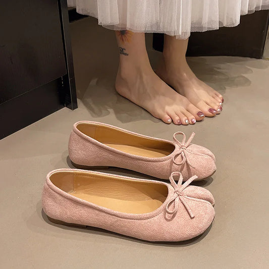 Fashion Suede Split Toe Women Bow Tabi Ballet Flats Spring Autumn Comfortable Walking Lazy Loafers Casual Girls Dance Shoes