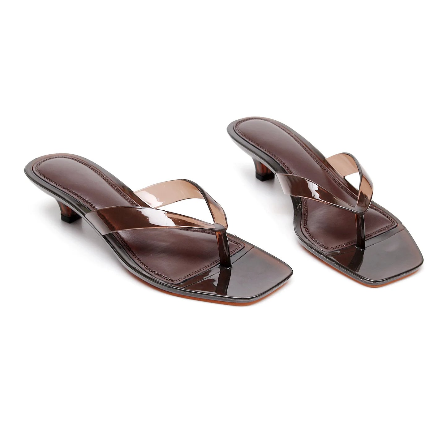 Vacation Elegant Kitten Heel Thong Sandals, Square Toe Clear Brown Jelly Flip Flops, Women Summer Comfortable Beach Party Shoes