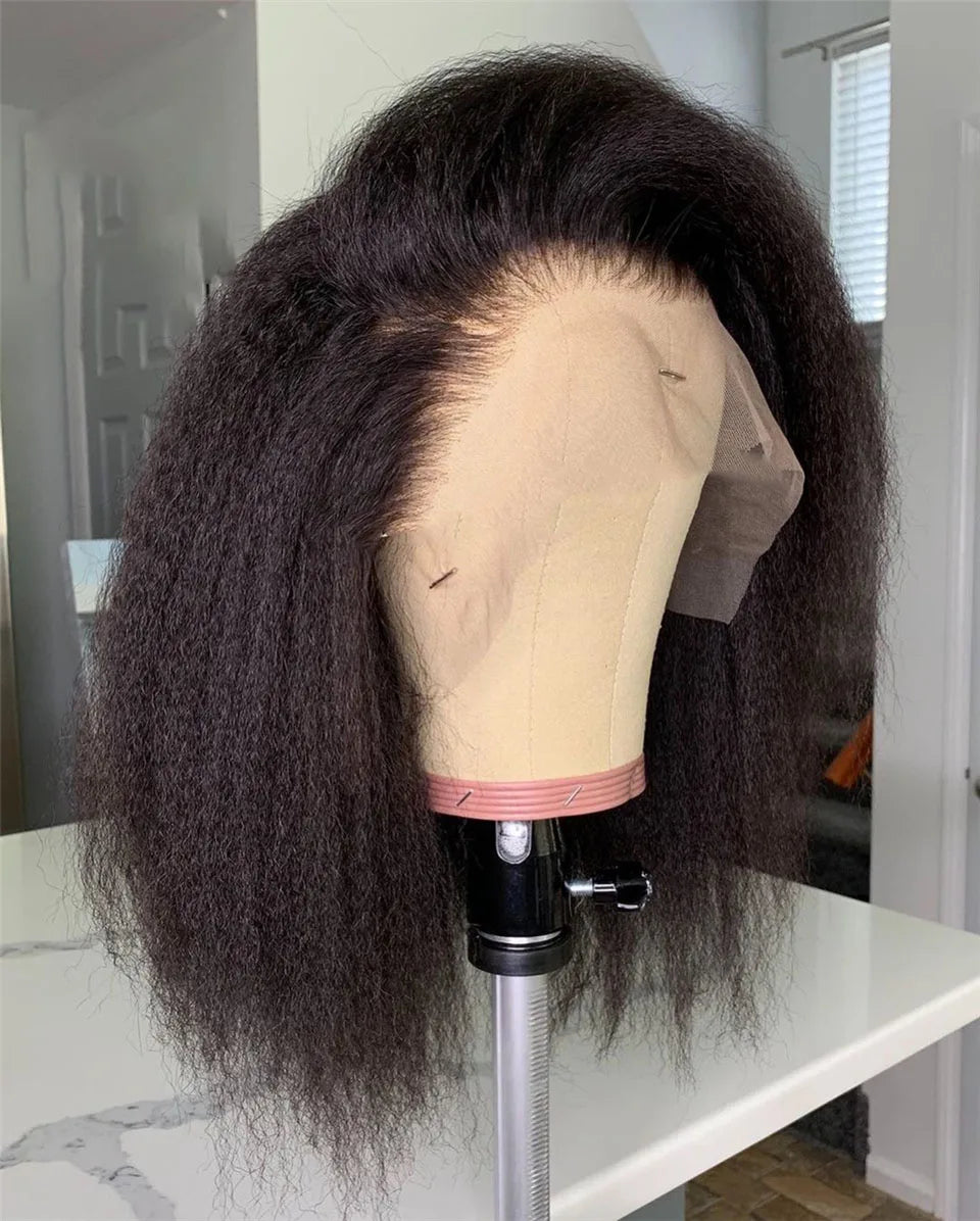 Soft Yaki Straight Preplucked Free Part Short Bob Kinky Straight Synthetic 13x4Lace Front Wig With Baby Hair Glueless Daily
