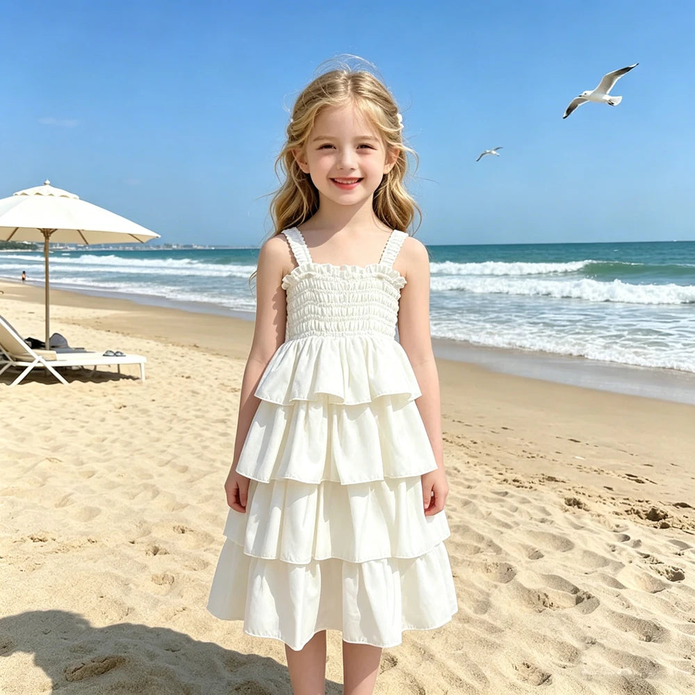 Teen Girls Summer Dresses 2026 New Kid Sleeveless Strap Ruffle Layered Casual Beach Party Dress Children Princess Vestidos 3-12Y