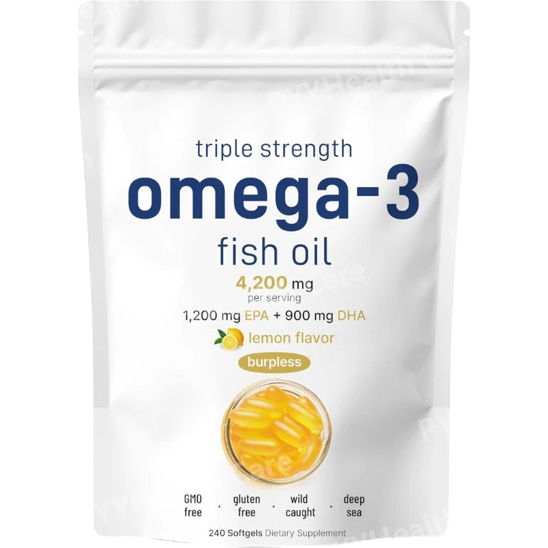 Triple Strength Omega 3 Fish Oil Supplements 4200mg Lemon Flavored, Burpless, EPA 1200mg DHA 900mg 240 Softgels