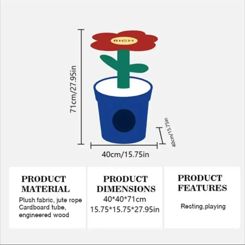 Red Flower Potted Cat Tree with Integrated Cat Bed Below Medium-Sized Cat Tree (Suitable for Cats Under 15 lbs)