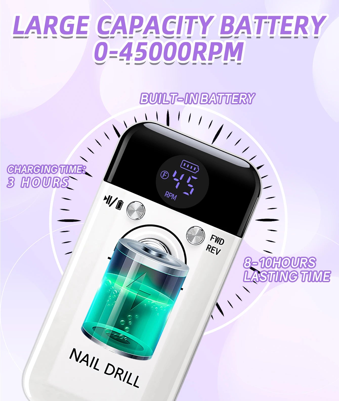 45000RPM Electric Nail Drill Machine With LCD Display Rechargeable Portable Nail File Set for Gel Nails Polish Nail Art Tools
