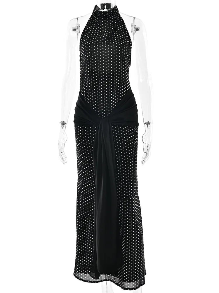 Blifanbo Polka Dot Halter Backless Sexy Maxi Dress Women Gown Ribbon Patchwork Off-shoulder Sleeveless Fashion Club Party Dress