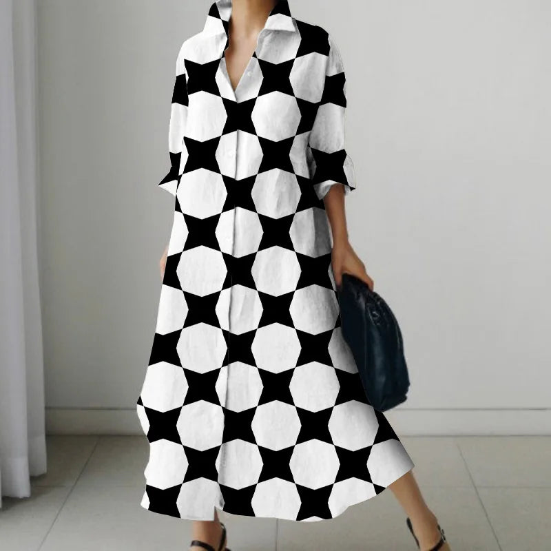 Women's Shirt Dress 2023 Trendy Patchwork Vintage Spot Print Shirt Fall Out Office Dress Loose Casual Lapel Pocket S-5Xl