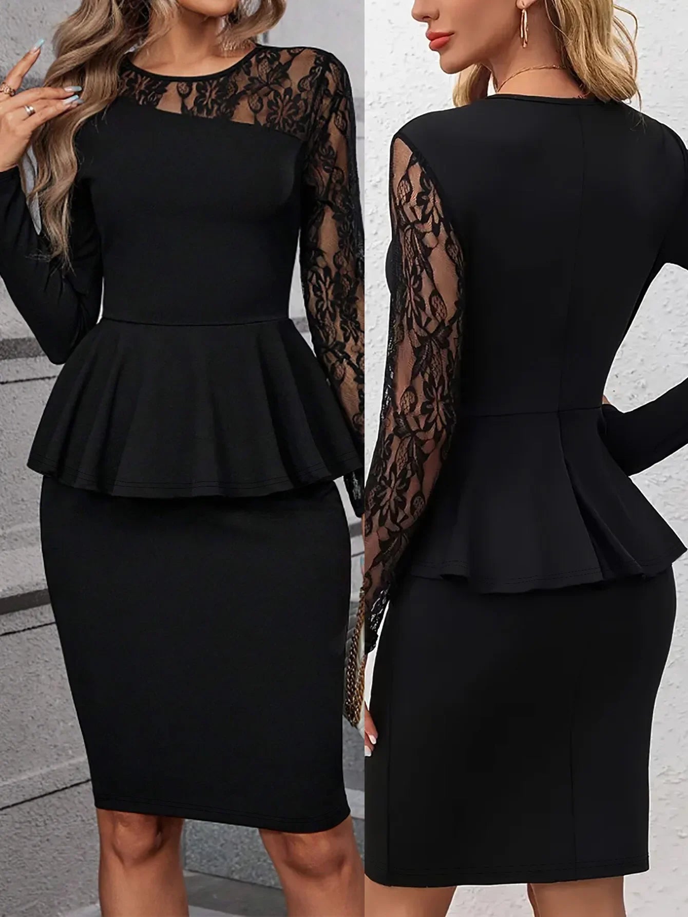 Plus Size Elegant Oversized Midi Dress Lace Splicing Blouse Style Pleated Hemline Fashionable Women's Clothing plus Size Dresses