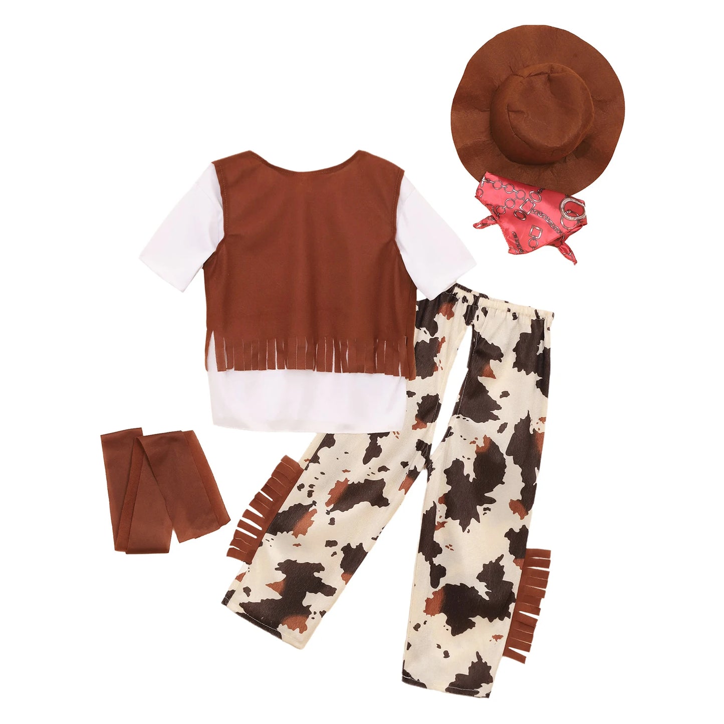 6Pcs Boys Western Cowboy Bandanna Halloween Cosplay Costume Dress Up T-shirt with Pants Vest Hat Bandana And Waistband Set
