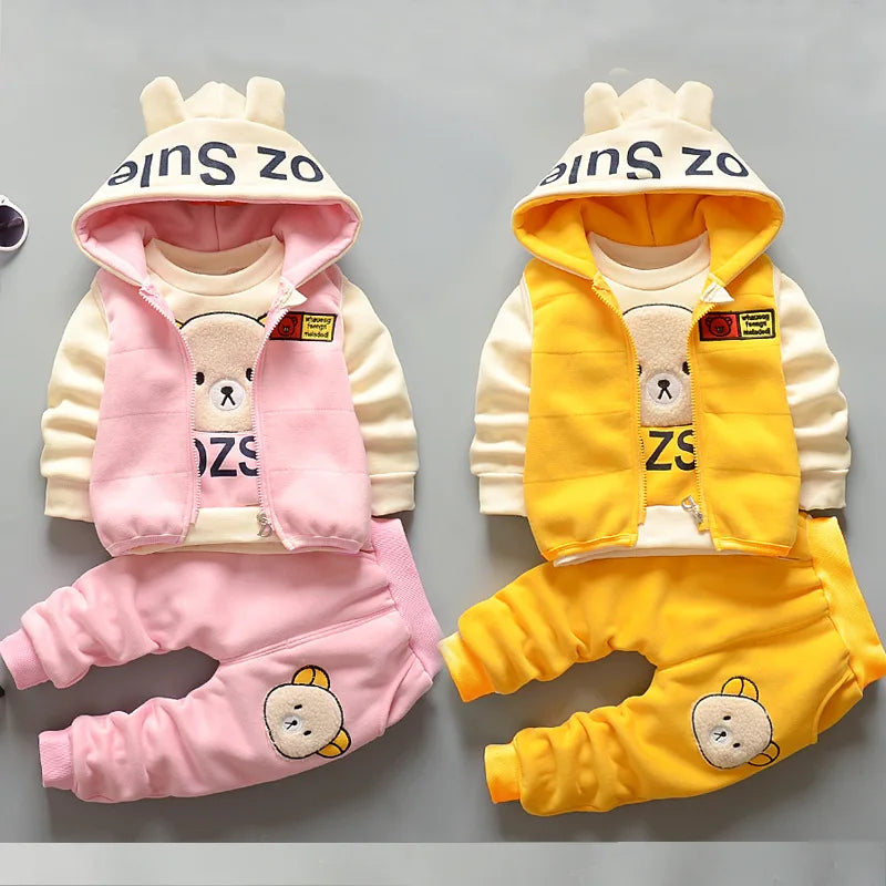 3Pcs Boys Fleece Sets Baby Girls Winter Autumn Thicken Clothes Suits Children Autumn Cartoon Hooded Jackets+Top+Pants Outfits