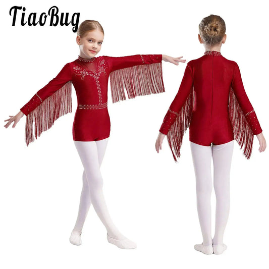 Girls Leotards Jumpsuit for Jazz Latin Skating Competition Costume Tassels Long Sleeve Rhinestones Bodysuit Modern Dancewear