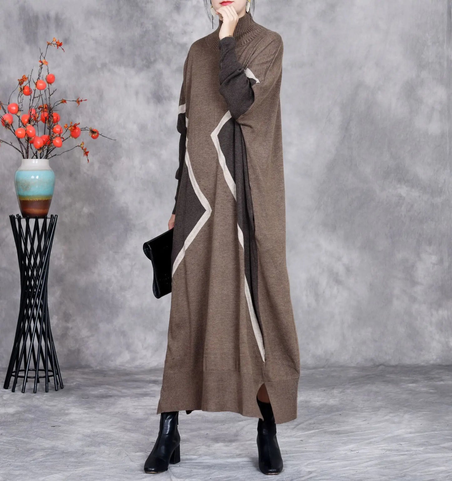Johnature 2025 Woman Autumn New Fashion Mock Neck Loose Long Sleeves Dress Chinese Style Contrast Batwing Sleeve Casual Dress