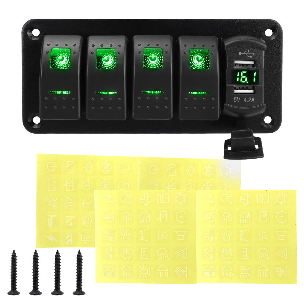 12V 24V DC 3/4/5/6/8 sets of marine control lever switch panel, with 4.8A dual USB charger voltage and sticker, green