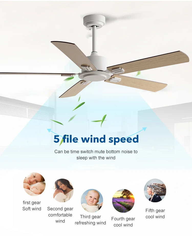 Large Ceiling Fan 52 Inch 5 Wood-Style Blades DC Mo tor Remote Control Quiet Running Fan for Living Room