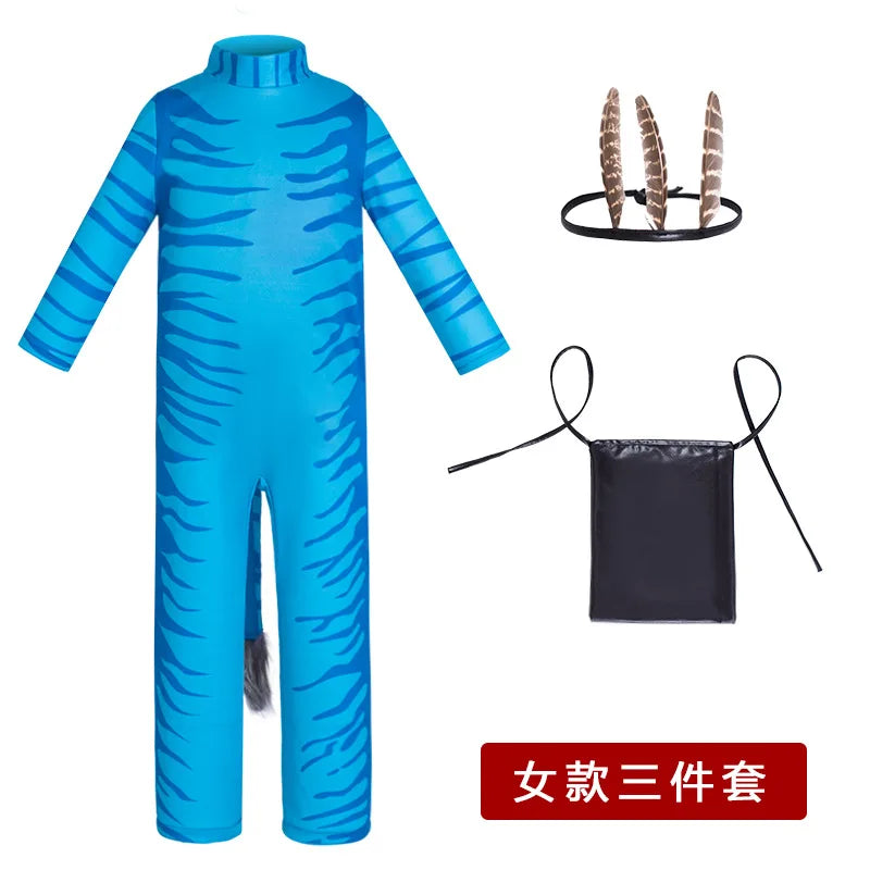 Halloween Avatar Costume Boy Girl Carnival Purim Party Stage Performance Clothes Set Movie Avatar with Tail Jumpsuits