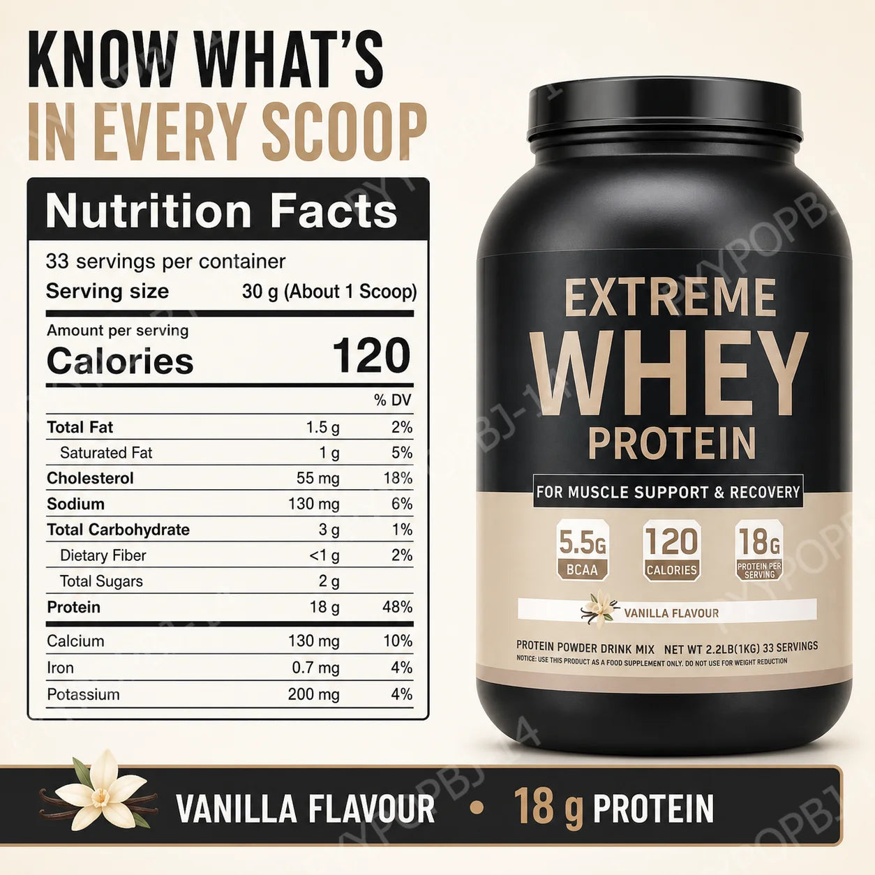 Whey Protein Powder 18g Protein 5.5g BCAA, Vanilla Flavor for Muscle Support Recovery and Daily Sports Nutrition 33 Servings 1kg