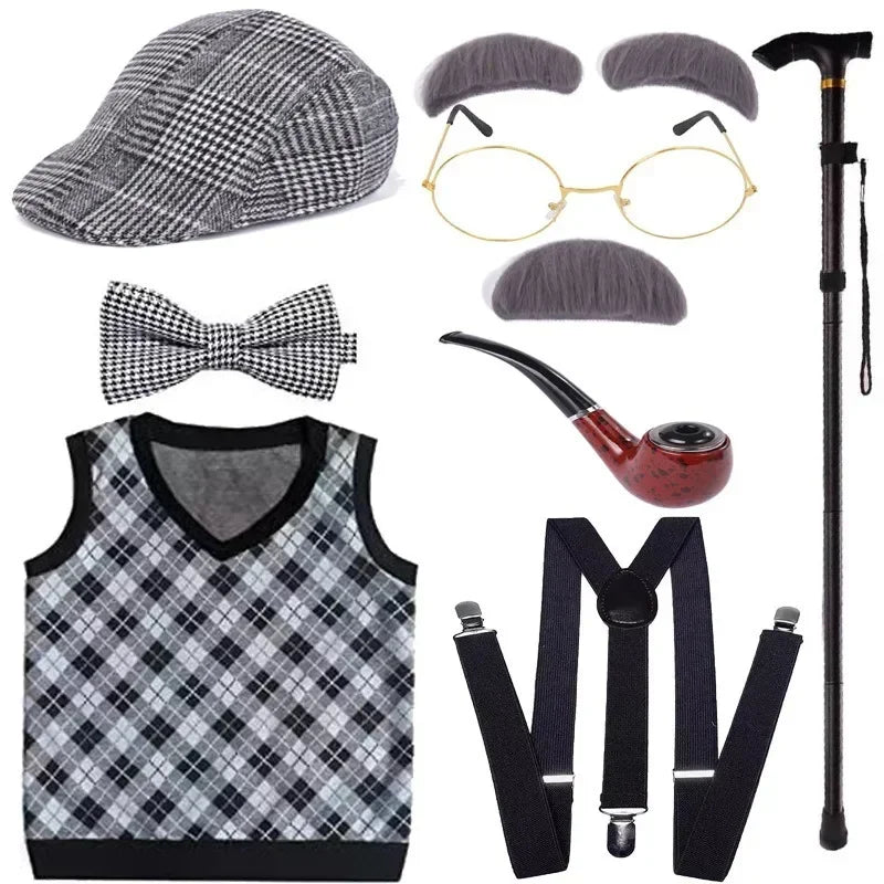Halloween Children's Day Kids 100 Days Of School Costume For Boy Grandpa Vest Wig And Beard Granny Dress Up Props Carnival Party
