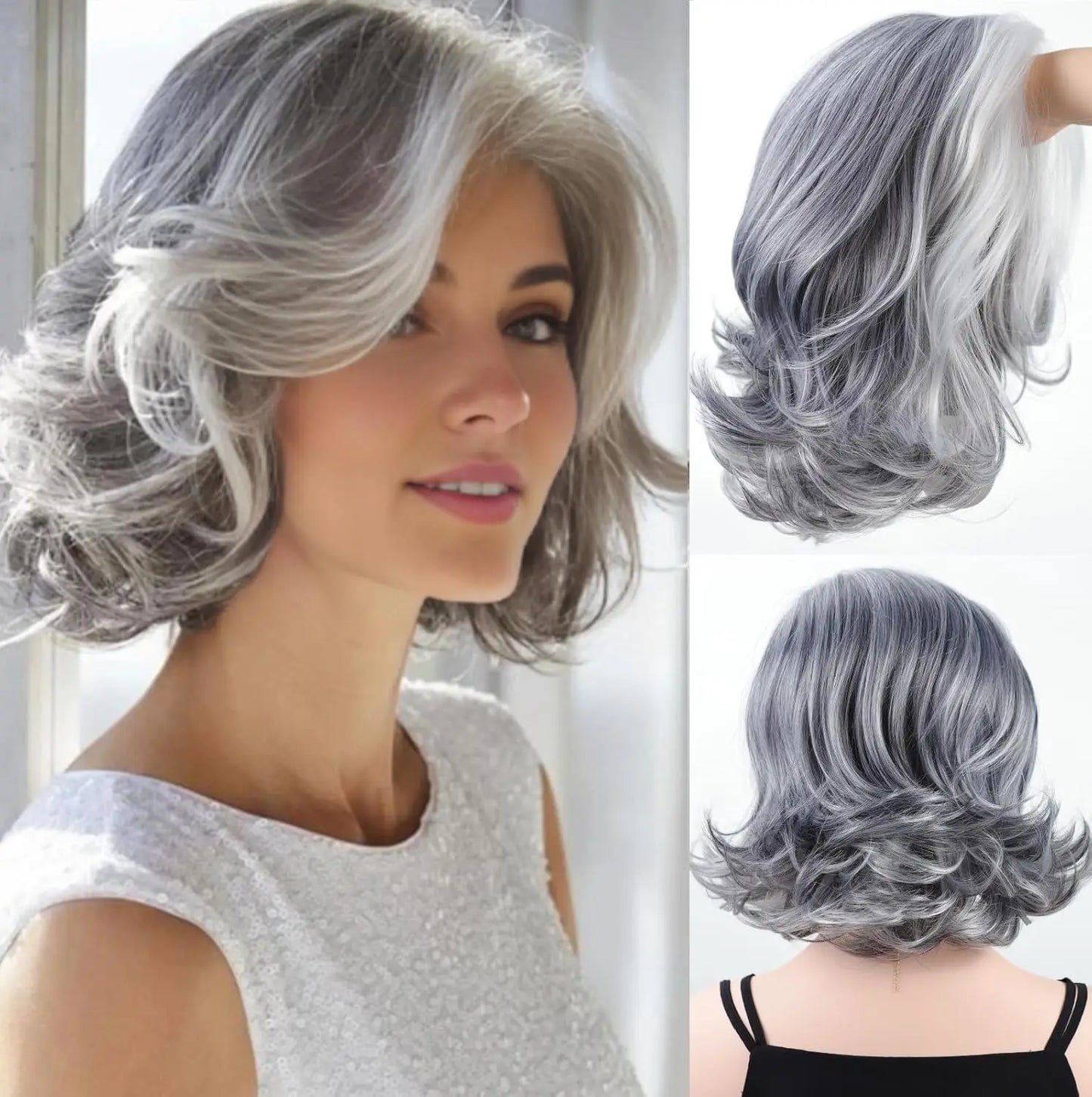 Mid-length Grey Wavy Bob Wigs Short Gray Curly Wig Synthetic Wigs Average Size Realistic Natural Daily Wigs for Woman 10-12 Inch