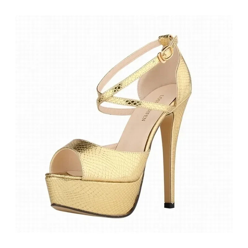 Women Sandals Stilettos Summer Sexy Peep Toe Leather Buckle Platform Pumps 14cm Extremely High Heels Party Dress Wedding Shoes