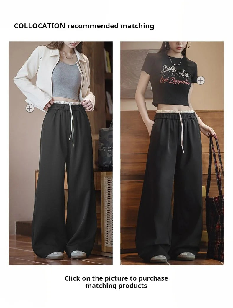Maden Women's Wide Leg Patchwork Pants Black Elastic Waist with Drawstring Trousers Breathable Office Dress Pants for Summer